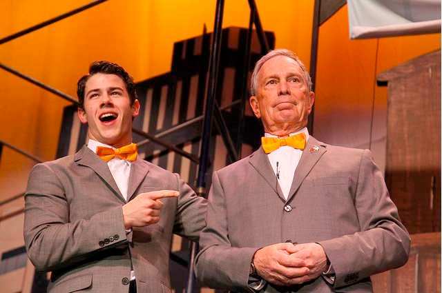 Broadway's Nick Jonas and Mayor Mike Bloomberg perform "How to Succeed by Bloomberg" rebuttal.