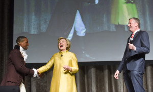 New York City Mayor Bill de Blasio and presidential candidate  Hillary Clinton perform at the 94th annual Inner Circle Dinner at the New York Hilton Hotel in Manhattan on Saturday, April 9, 2016.   New York City political reporters lampooned  presidential candidates,  the Mayor and Gov. Andrew Cuomo during the show.
The Inner Circle donates a portion of the proceeds from the gala dinner-show to some 100 New York charities.
(Photo: David Handschuh/The Inner Circle)